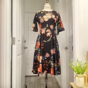 Black Peoney Floral Cap Sleeve Midi Dress Size Medium