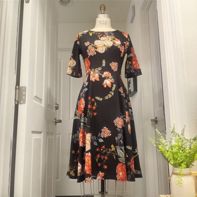 Black Peoney Floral Cap Sleeve Midi Dress Size Medium